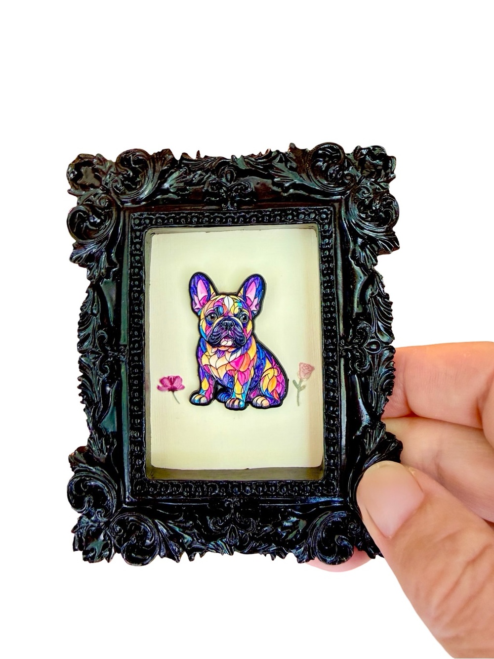 Mini Framed French Bulldog Art • Ornate Black Frame • Includes Easel & Magnet - Picture 1 of 5